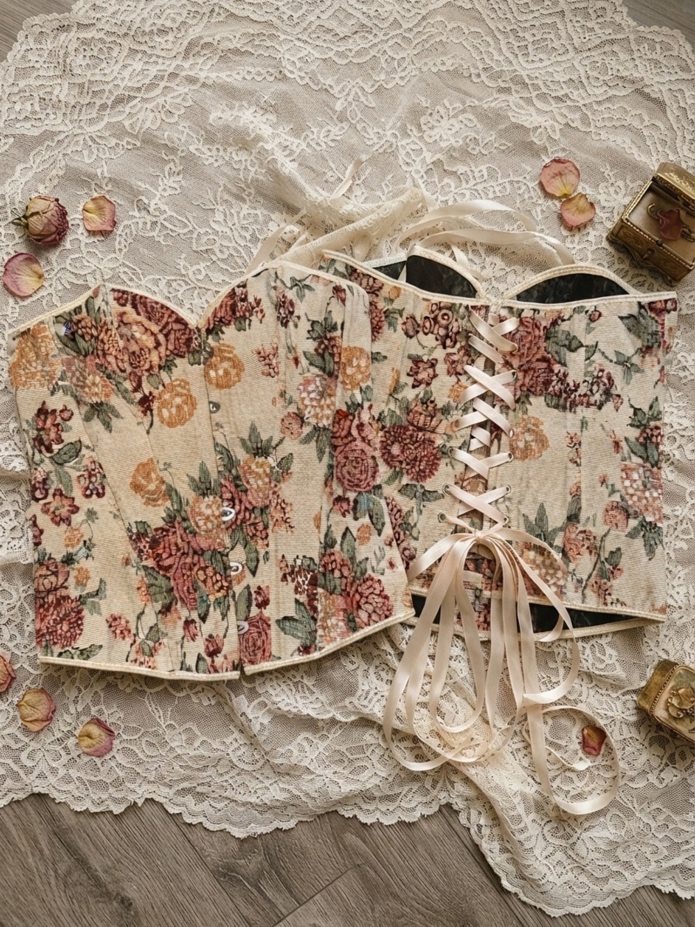 Vintage-Inspired Floral Tapestry Corset Top (Lace-Up Back)